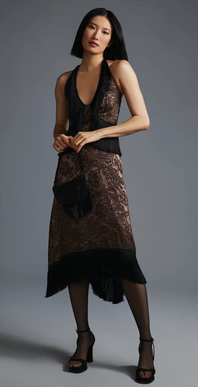NWT❤️Anthropologie Fringed Velvet Halter Dress sz12